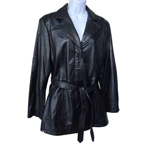 Outdoor Exchange Black Genuine Leather Jacket Belted Lined Coat Women's M - Picture 1 of 10